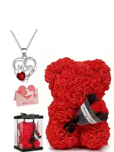 Mother's Day Heart Necklace Bear Gift Box Set, Includes Mother's Day Necklace, Card, Flower Bouquet Bear, Perfect Gift for Mom