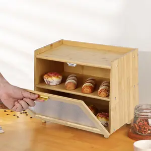Garvee Double Layer Bread Box with Large Capacity and Clear Acrylic Window, Made from Premium Waterproof Bamboo, Easy to Maintain, Versatile Storage Solution for Kitchen Counter, Ideal for Bread, Fruits, and Baked Goods