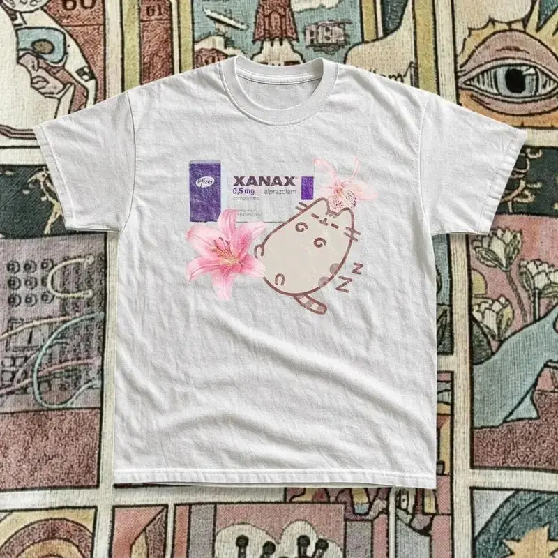 iral Xanax Pusheen Parody Tee, Cute Sleepy Cat Graphic T-Shirt, Kawaii Aesthetic Tee, Coquette Shirt, Soft Girl Graphic Tee, Pink Floral Shirt, Y2K Unisex Oversized Tee