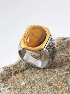 Stylish Men's Two-Tone Ring, 18K Gold Plated + Silver Steel Band, Tiger Eye Oval Style, Suitable for Business & Casual