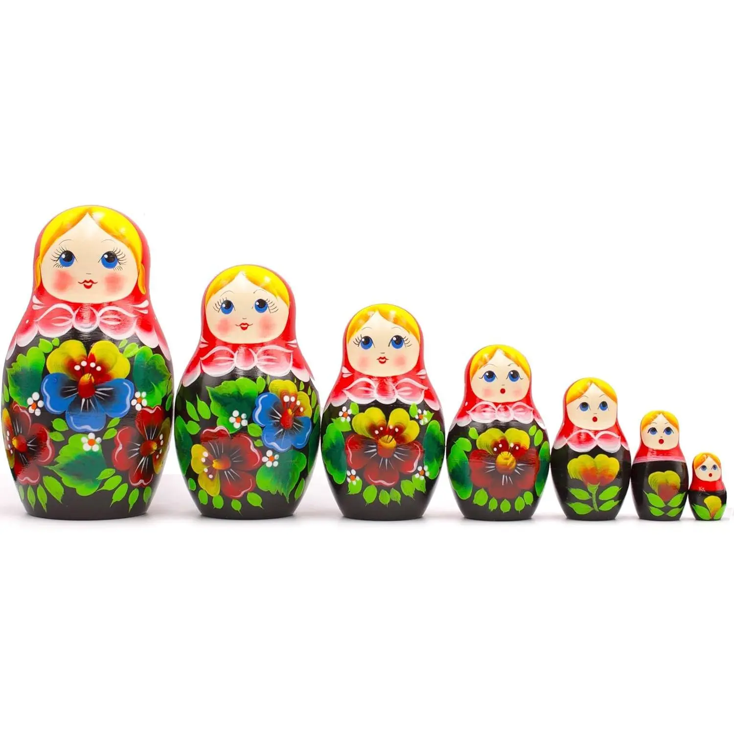 Russian Nesting Dolls Set of 7 pcs - Handmade Matryoshka Dolls in Red Head Scarf and Sarafan Dress with Pansy Flowers - Матрешки