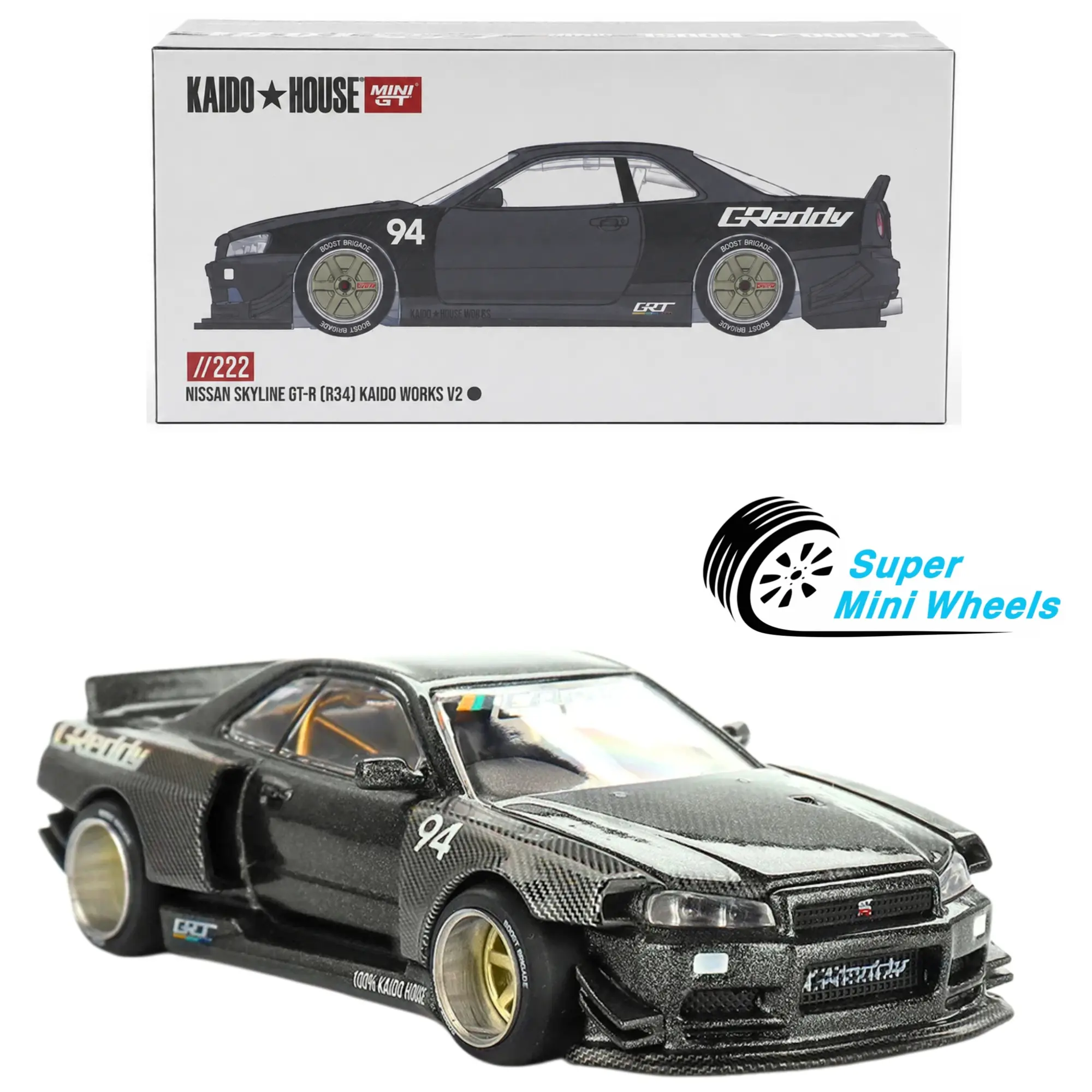 Kaido House x Mini GT 1:64 Nissan GT-R R34 Kaido Works GReddy V2 Black #222