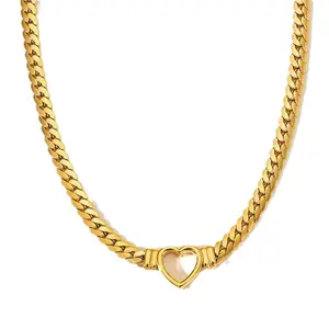 Trendy Stainless Steel Flat Chain Necklace with Hollow Out Heart Pendant & Matching Bracelet Set for Women