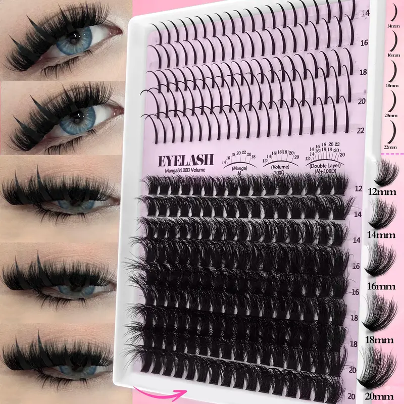 224pcs DIY Eyelash Clusters kit, Fluffy Lash Clusters with Lash Spikes, Volume Eyelash, 100D Thick Manga Eyelash D Curl, Natural Extensions, Volume Individual Lashes, Eyelash Extensions Set, Volumized Fake Eyelashes