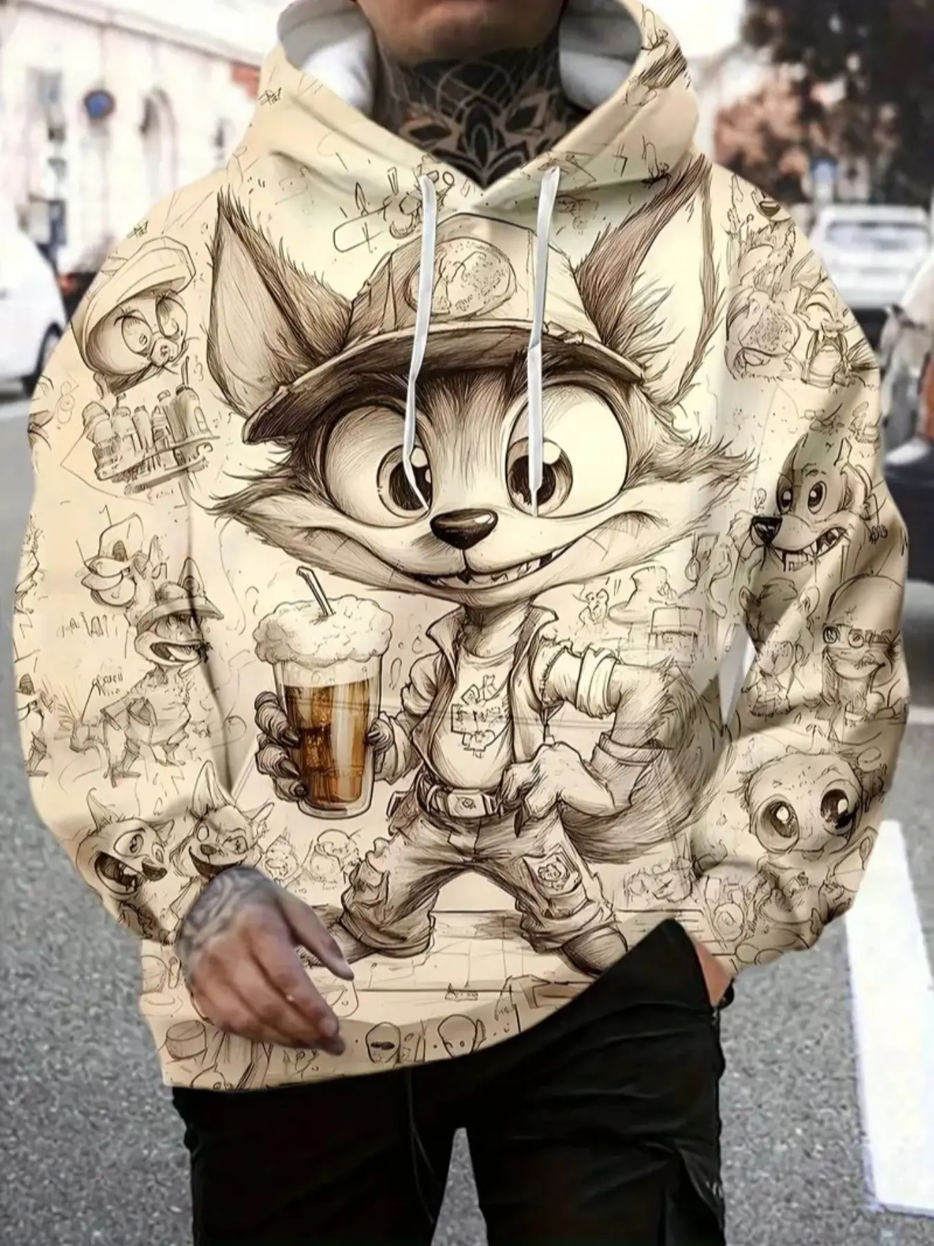 Men's Hooded Casual Streetwear Sweatshirt with Cartoon Fox Print, Casual Fashion Pullover with Kangaroo Pocket, Long Sleeve Polyester Blend Top, Graphic Hoodie