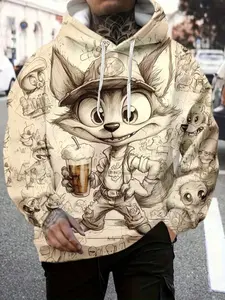 Men's Hooded Casual Streetwear Sweatshirt with Cartoon Fox Print, Casual Fashion Pullover with Kangaroo Pocket, Long Sleeve Polyester Blend Top, Graphic Hoodie
