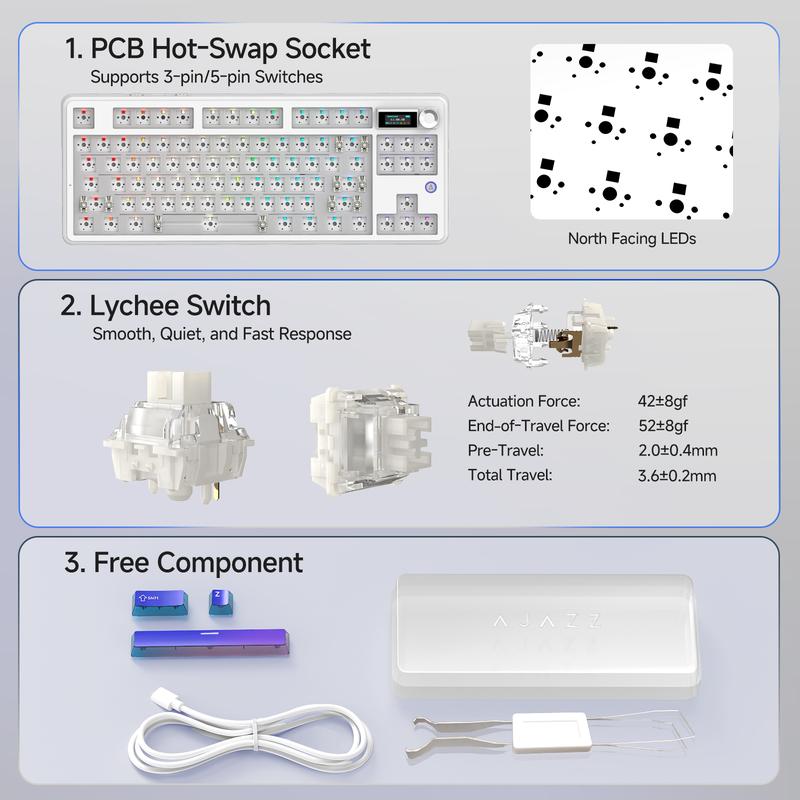 Ajazz MK87 PRO Wireless Gaming Mechanical Keyboard, Wireless/Wired/Bluetooth, ideal for gaming, computing, and office use, gaming setup,compatible with Windows/Mac/PC.