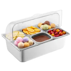 【fathersdaygift】VEVOR Countertop Food Serving Display Container 6 Pan Stainless Steel Food Serving TrayBuffet Condiment Dispenser Display Rack with Clear Lid & 3 Freezer Boxesfor Restaurant Hotel Kitchen Party