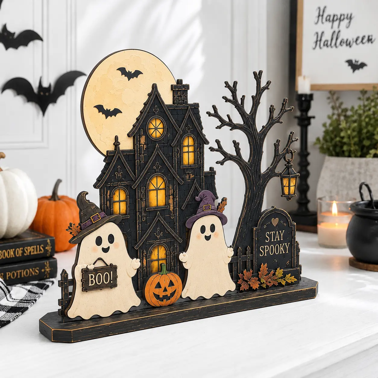 2D Halloween Wooden Sign Decor - 1-Side Printed,  Vintage Halloween Decor 2026, Spooky Haunted House with Cute Ghosts, Pumpkin and Moon, Rustic Shelf or Mantel Tabletop Sign Display, Fall Decor 2026