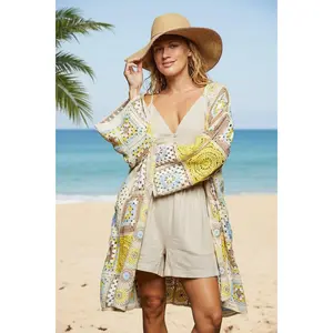 POL Clothing Granny Square Long Open Front Wide Sleeves Crochet Cardigan