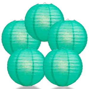 5-PACK 14" Teal Green Round Paper Lantern, Parallel Ribbing, Chinese Hanging Wedding & Party Decoration