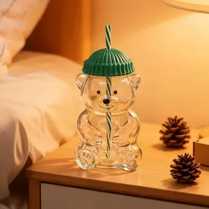 Vintage Cute Bear Design Cold Drink Cup, Durable Fashionable Daily Use Glass Mug, Honey Bear Straw Cup, Gift for Friends, Christmas Present