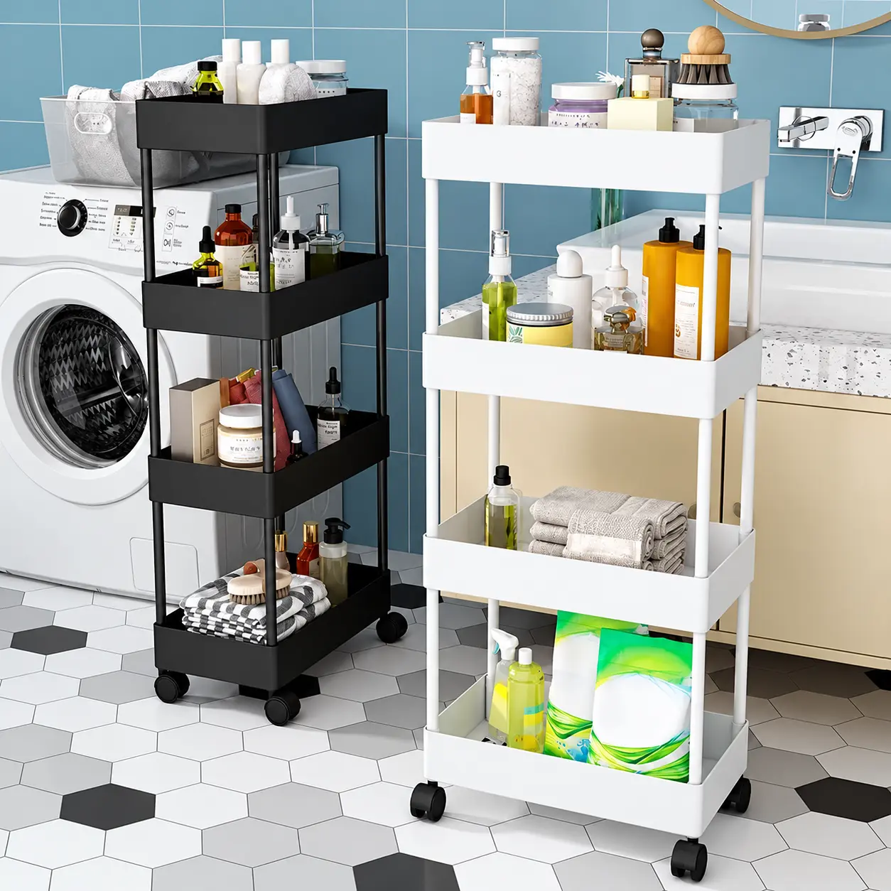 3/4-Tier Multifunctional Rolling Household Storage Organizer Cart with Wheels, White & Black Kitchen Storage Racks Unit for Books, Baby Toys Home Office