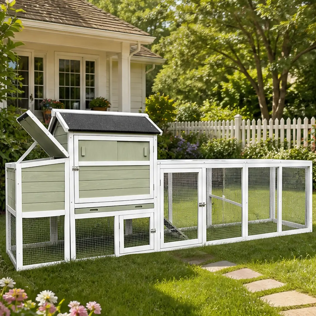 Large Wooden Chicken Coop Outdoor Hen House with Run and Nesting Box Poultry Cage for Backyard, Waterproof Anti-UV Roof, Solid Fir Wood, Grey Green, 61 lb, Sliding Door, Strong Lock, Openable Top for Easy Egg Collection, Grey Green Color Options