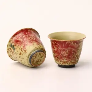 Handmade Kiln Change Peony Gold Leaf Ceramic Master Cup, Red Peony Floral Tea Cup Oriental Auspicious Home Decor Gift