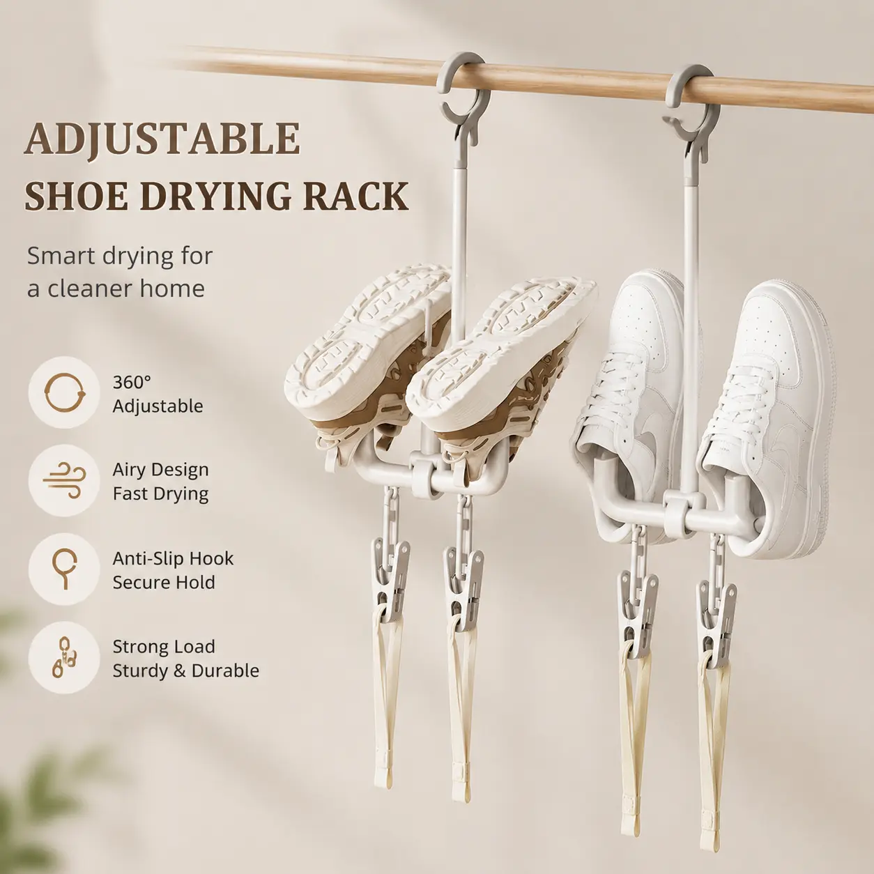 2 Counts, Rotatable Shoe Drying Hanger with Windproof Hook and Clips, Multi-angle Adjustable for Home Balcony Drying, Fits Different Types of Shoes