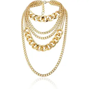 Chunky Gold Necklaces for Women Multilayer Punk 80s Hip Hop Layered Cuban Link Chain Statement Necklace 90s Freaknik Outfit Accessories for Women