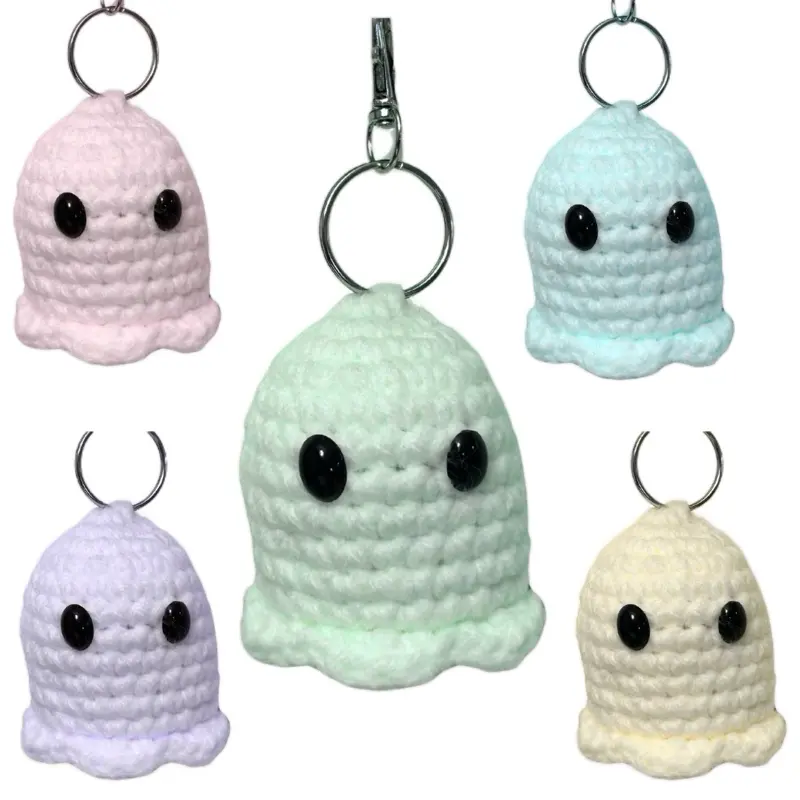 Pastel Ghost Crochet Keychain - Adorable Handmade Key Fob in Pink Mint Blue White & Cream Colors