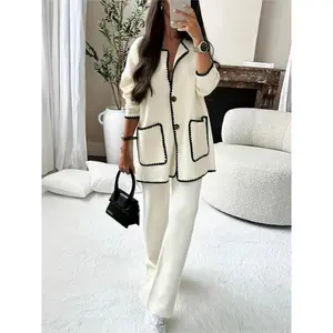 Women'S Elegant Two-Piece Set  Contrast Trim Long Sleeve Cardigan with Dual Pockets and Matching Pants, Versatile for Any Occasion Clothes Suits Baggy Casual Womenswear Comfort Gamis Loose Oversize Oversized White Winter