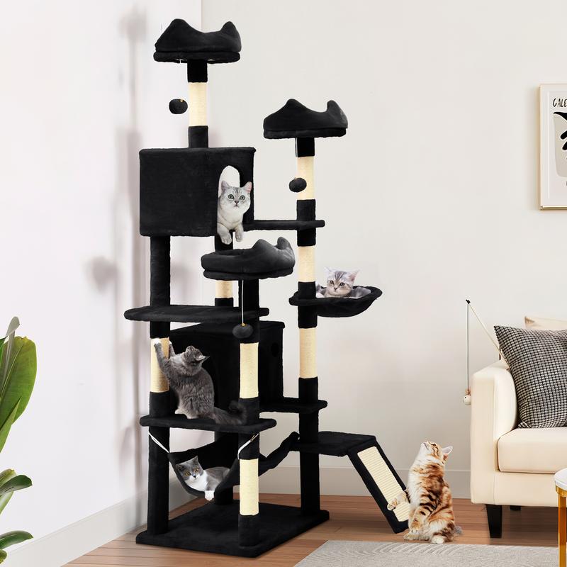 DWVO Tall Cat Tree Tower for Indoor Cats, 75in Multi-Level Cat Climbing Tower with Cat Condos, Top Perches, Hammock, Sisal Scratching Posts and Board, Kittens Play Activity Center