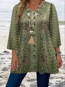 New Casual Four Seasons Plus Size Women's Floral Vintage Print V-Neck Fashion Seven-Sleeve Top, Casual Trendy Shirt, Stylish and Comfortable