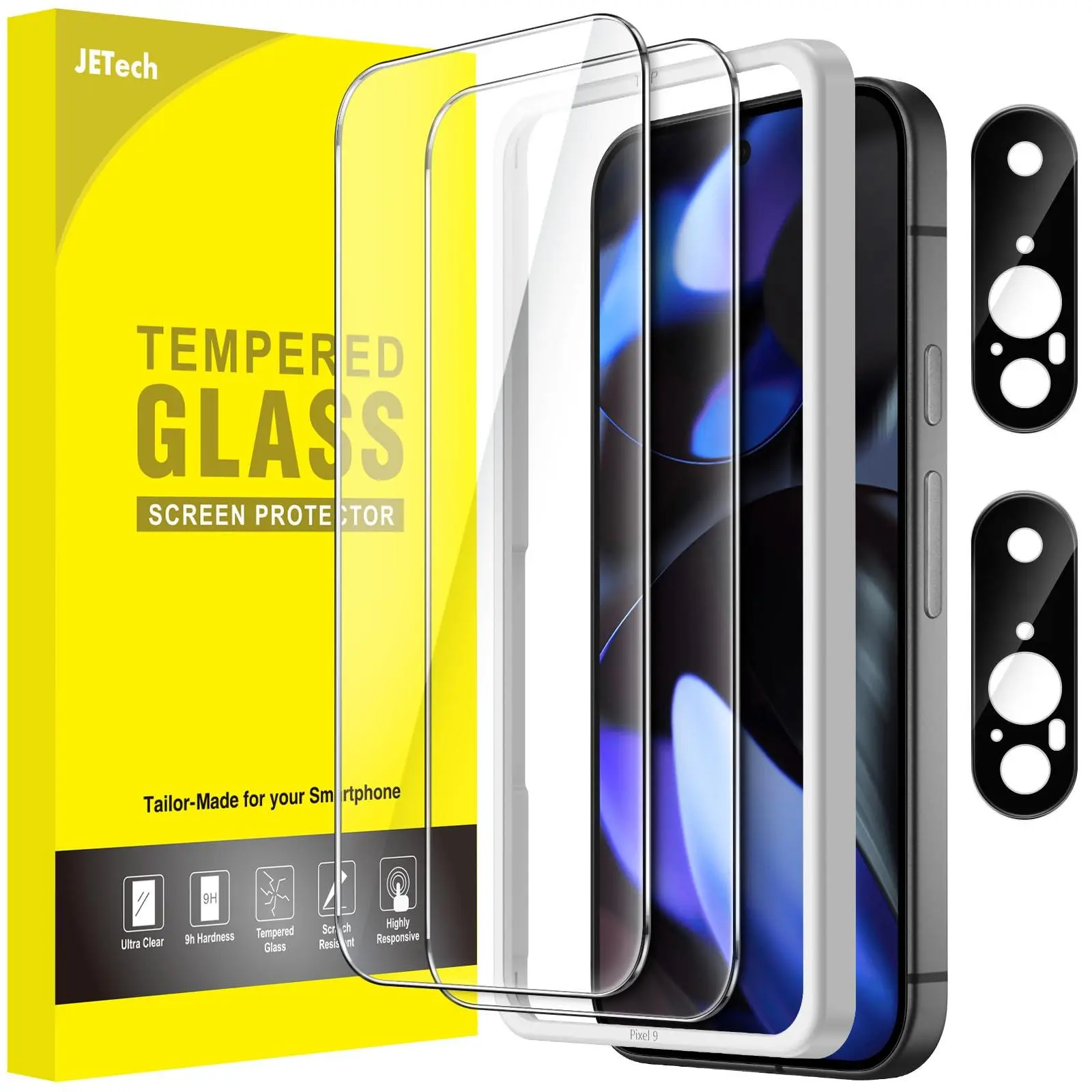 JETech Tempered Glass Screen Protector & Camera Lens Protector for Google Pixel 9 Smartphone (Cellphone), Handheld Easy Installation Tool, Flash-Friendly, Fingerprint Compatible, HD Clear, 2-Pack Each Protection Kit
