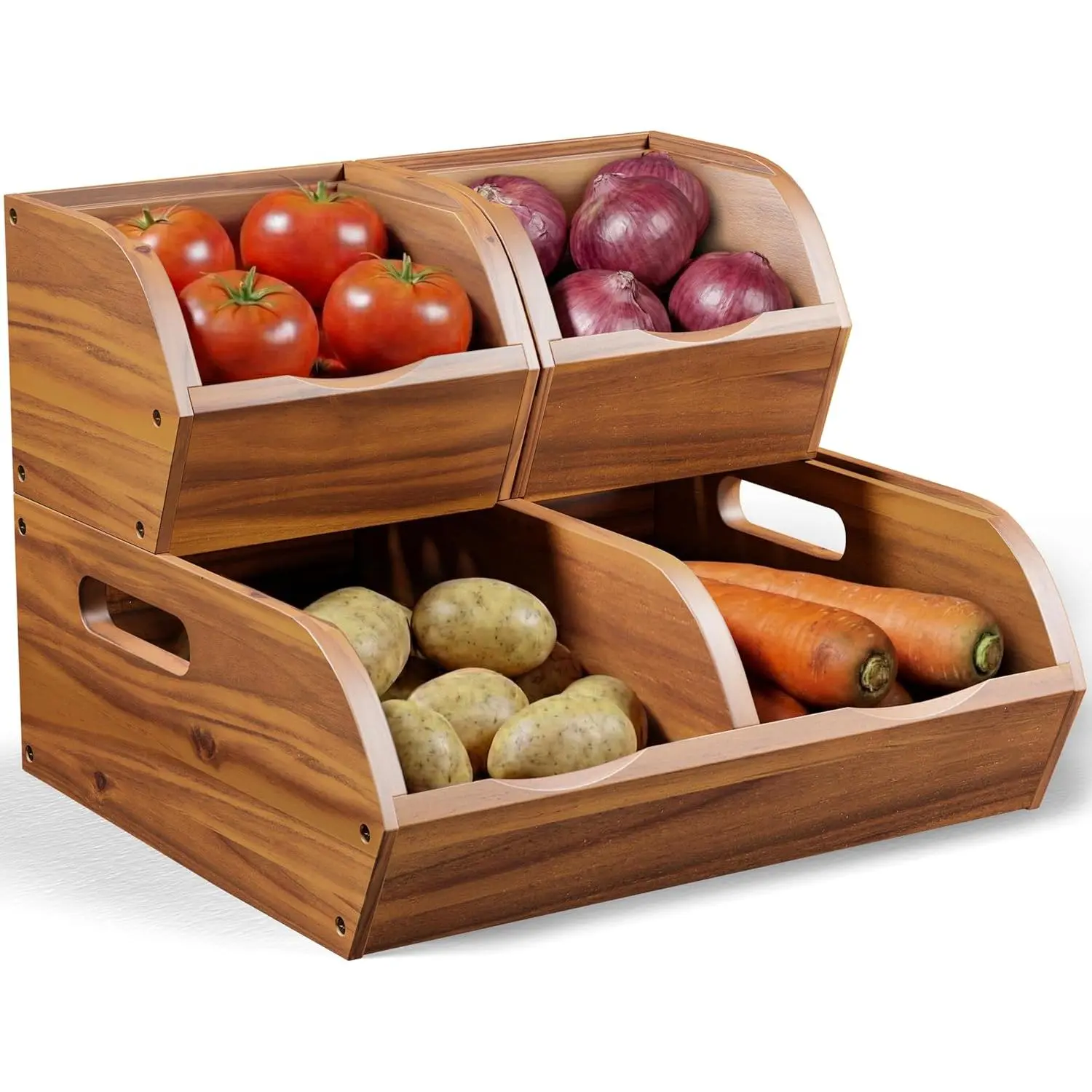 Acacia Wood Pantry Organizer - Stackable Rectangle Divideable Open-Front Eco-Friendly Vegetable Storage Basket, Kitchen Accessories with Easy Assembly Tools & Hardware, Low-Maintenance Home Organizer Bin