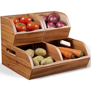 Acacia Pantry Storage Bins – Stackable Open Front Kitchen Baskets for Potato, Onion, Fruit, Bread & More – Rustic Wooden Basket for Pantry - Easy Assembly with Tools & Hardware Included