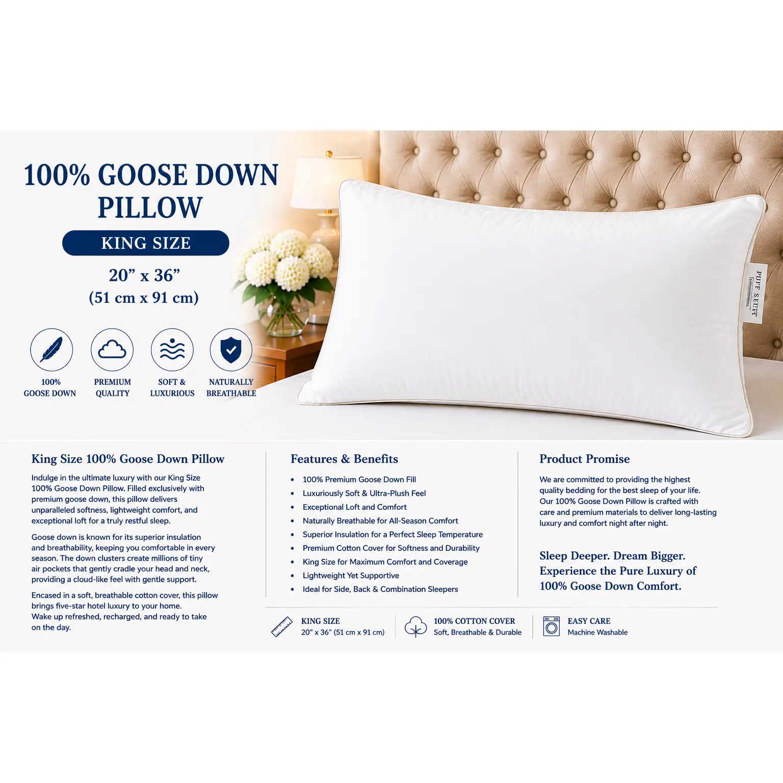 Luxury 100% Goose Down King Pillow