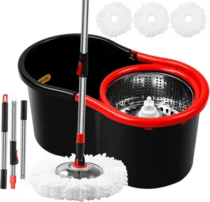 Spin Mop and Bucket with Wringer Set,360° Mop and Bucket System with 3 Microfiber Mop Refills and 50" Extended Handle for Floor Cleaning, Black