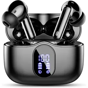 Wireless Earbuds, Bluetooth 5.4 Headphones Bass Stereo, Ear Buds with Noise Cancelling Mic, LED Display in Ear Earphones Clear Calls, IP7 Waterproof Bluetooth Earbuds for Phones/Sports/Laptop, Black