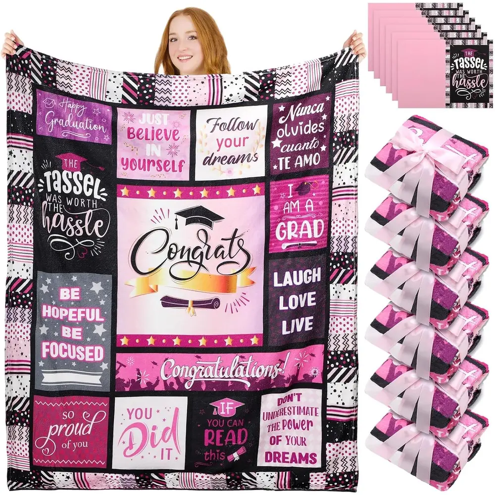 6 Pcs Graduation Blanket with Greeting Card for Her 50" x 60" Graduation Appreciation Gifts for Women 2024 High School College Masters Phd Graduation Decorations Christmas Party Supplies
