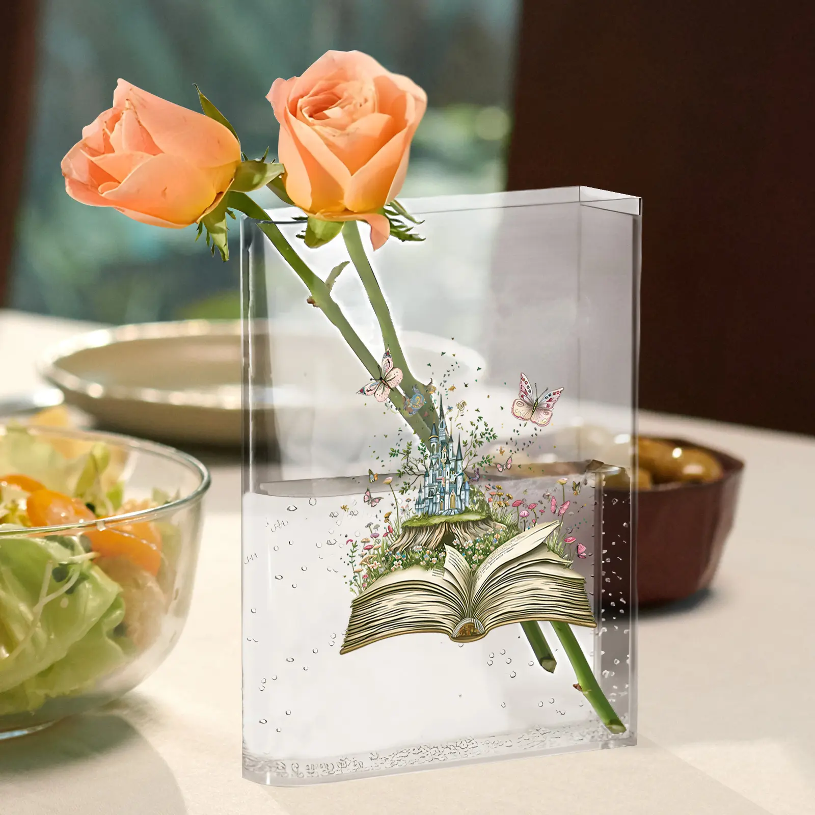 1pc Vintage Style Acrylic Book Vase with Floral & Butterfly Design - Clear Rectangular Desktop Decor for Home Office or Gift No Electricity Needed Book Decor Office Decoration Elegant Decoration Detailed Craftsmanship