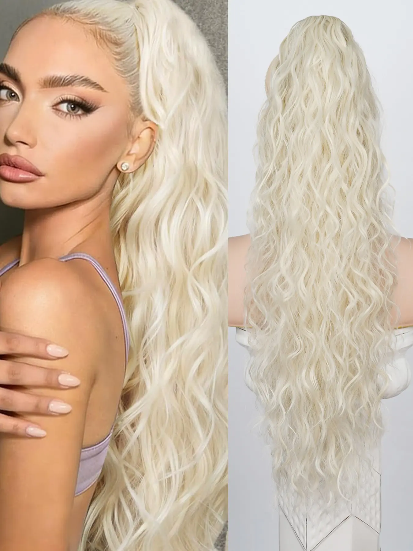 30 Inch Claw Clip Ponytail Extension, Thick Soft Wavy Curly Synthetic Ponytail Hairpiece for Women, Natural Looking Full Volume Platinum Blonde Clip in Ponytail Hair Extensions for Daily Party, Synthetic Hair Hairpieces