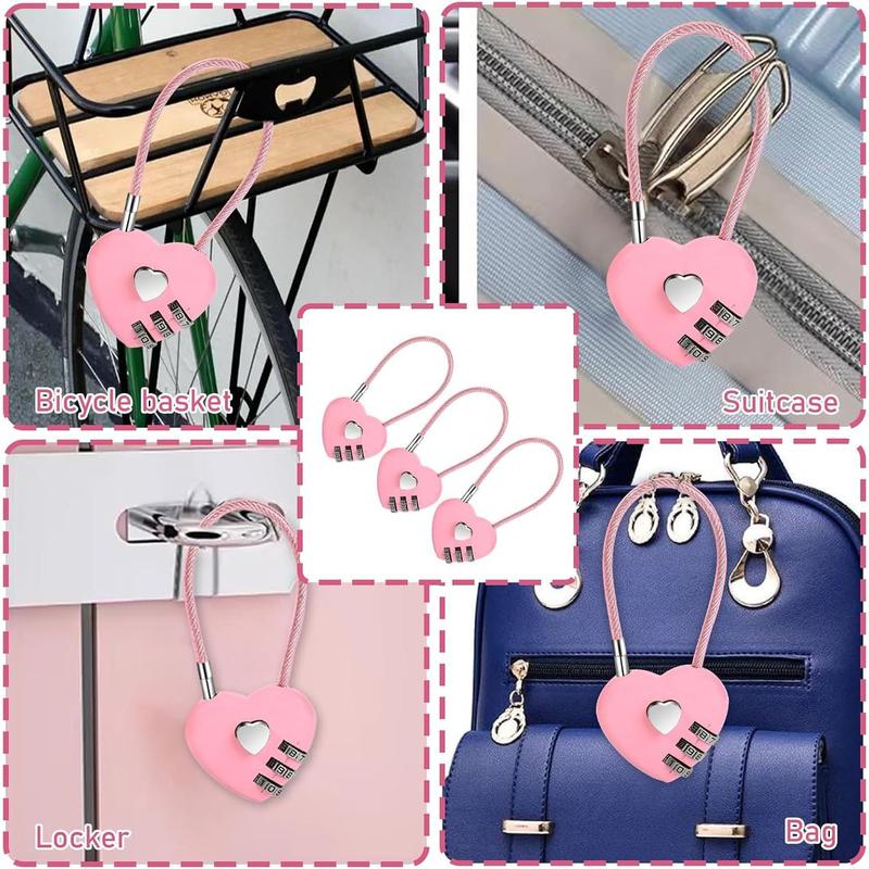 3 PCS 3 Digit Combination Padlock Heart Combination Locks Pink Code Lock with Steel Wire Rope Mini Luggage Locks Love Locker Lock Cute Combo Lock for Backpack Luggage Lockers Jewelry Boxes