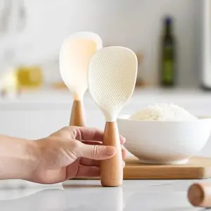 Silicone Spoon with Wooden Handle, 1 Count Heat-insulation Heat-resistant Spoon for Rice Cooker, Standing Silicone Rice Spoon Paddle Practical Kitchen Tool for Home Restaurant, Kitchen Cooking Accessories