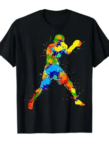 Men'S & Women'S Retro Boxing Graphic T-Shirt - 220gsm Heavyweight Pure Short Sleeve Tee with Dynamic Boxer Art Print, Unisex Casual & Athletic Wear for Gym, Training, Everyday Outfits - All-Season Fit Round Neck Shirt