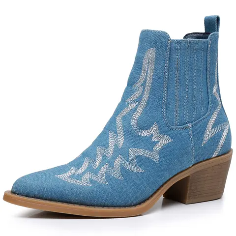 GLOBALWIN Women's Embroidered Cowgirl Boots - Pull-On Entry, Quick Wear, Pointed Toe Chelsea Ankle Booties, Cowboy Aesthetic, Cowgirl & Outlaw Style, Multi-Function All-Season Footwear with Flexible Sole & Low Heel