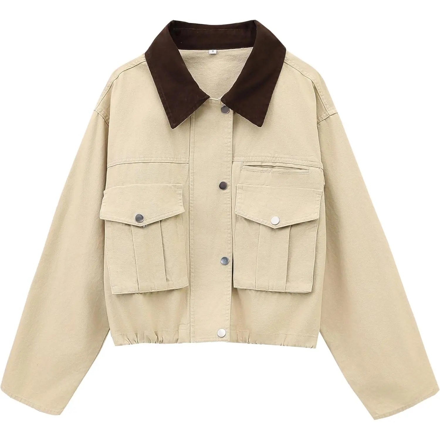 Womens Cropped Jacket Contrast Collar Utility Coat Cargo Jacket Barn Jacket Outwear with Pockets