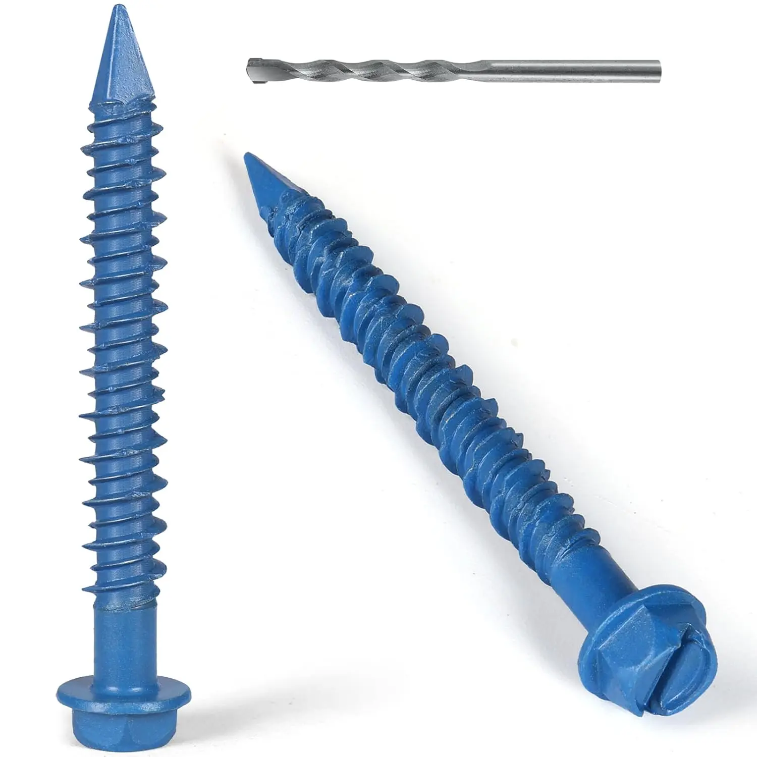 High Quality Blue Ruspert Treated Self Tapping Concrete Fixation Screws, 1/4x2-1/4 in 40-Count Hex Screws with Drill Bit, No Pre-Drilling Point for Masonry, Brick, Cement, Blue Ruspert Treated Screws