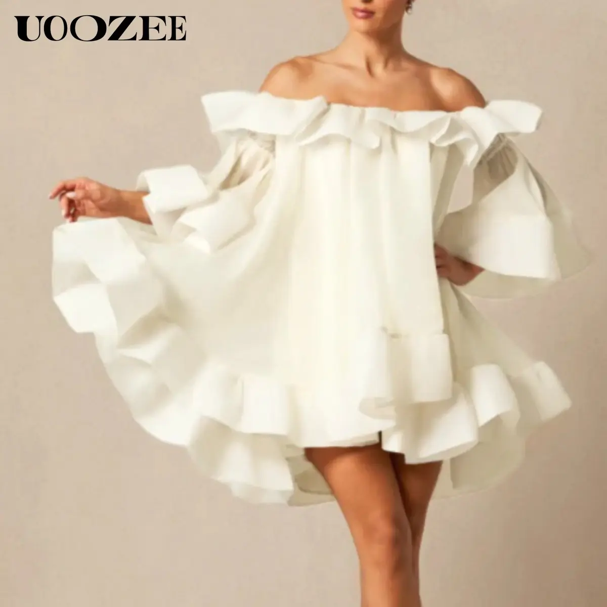 UOOZEE Women's Polyester Smooth Minimalist White Off-Shoulder Mini Dress - Casual, Cascade Ruffle Sleeves, High-Low Hem, Pleated, Drapey Flowy Party Dress (Sizing Runs Small - Check Size Guide or Order Larger) - UOOZEE Women's Polyester Smooth Minimalist White Off-Shoulder Mini Dress - Casual, Cascade Ruffle Sleeves, High-Low Hem, Pleated, Drapey Flowy Party Dress (Sizing Runs Small - Check Size Guide or Order Larger) -