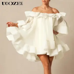 UOOZEE Women's White Off-Shoulder Mini Dress, Cascade Ruffle Sleeves High-Low Hem Pleated Party Dress New Stylish Flowy Dress(Sizing Runs Small - Check Size Guide or Order Larger)