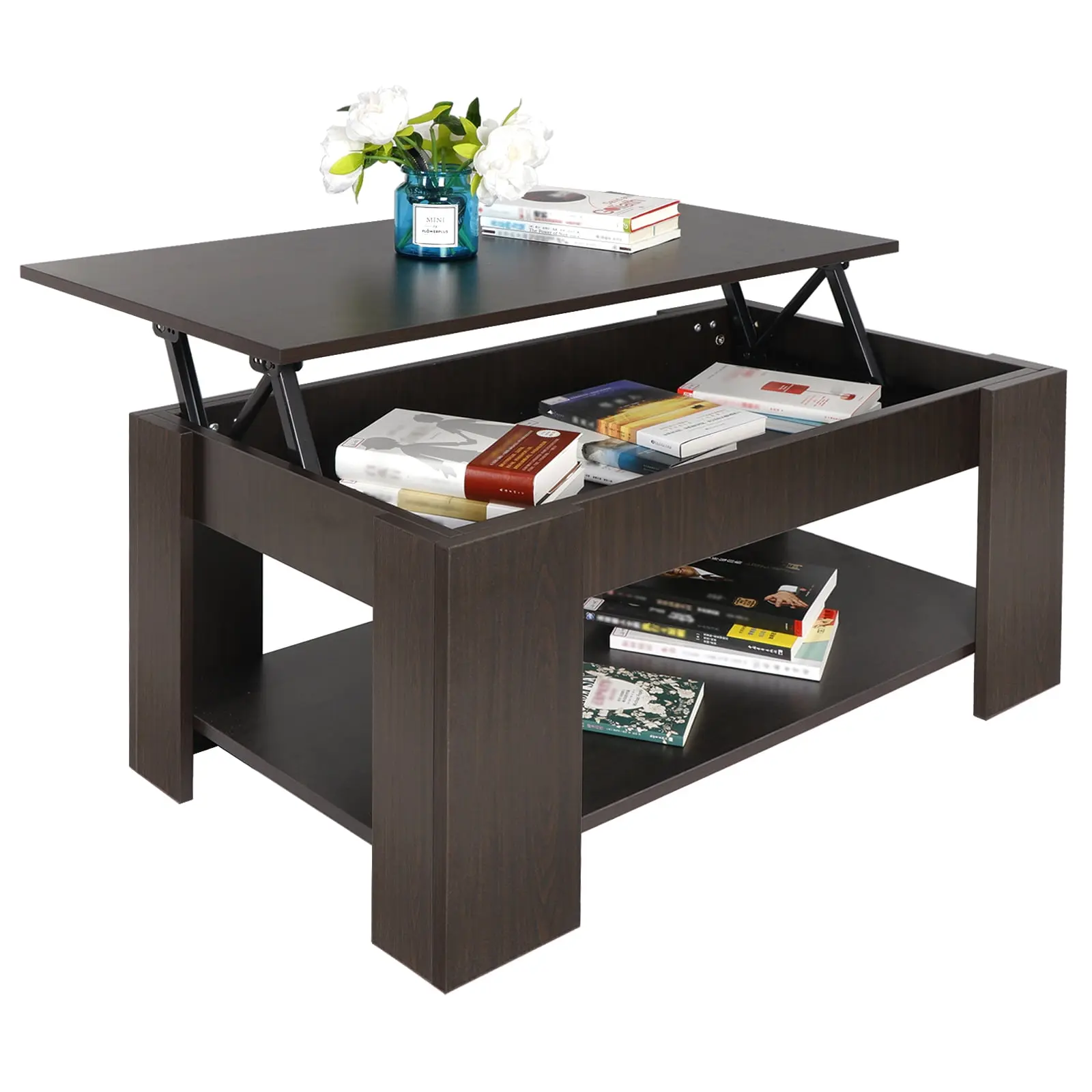 Modern Lift-Top Coffee Table - Contemporary Indoor Furniture with Concealed Storage, Drop-Down Table Function, Wooden Tabletop, Open Storage Shelves, Easy Setup for Living Spaces, Modern Coffee Table
