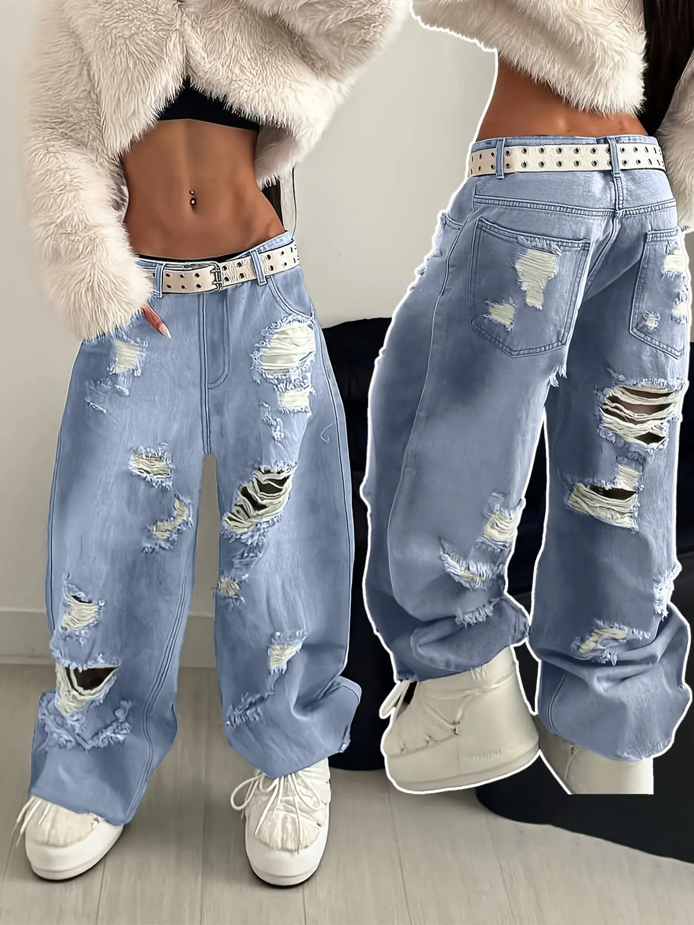 2026 Autumn Winter Women’s Long Denim Pants, American Casual Y2K Streetwear Style, Blue Denim with Distressed Ripped Details, Loose Wide Leg Cut, Baggy Jeans, Structured Stiff Denim Fabric, Ideal for Daily Street Outfits