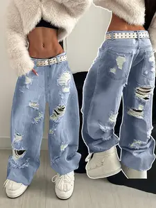 2026SS Women's Blue Ripped Wide Leg Denim Jeans American Y2K Loose Street Style