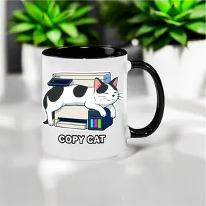 Copy Cat Funny 11 oz. Coffee Mug with Cute Cat on Copier Cartoon Design Perfect for Cat Lovers and Office Humor