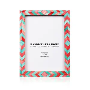 Handicrafts Home Bone Inlay Picture Frames Chic Boho Wall Décoration Photo Frame (Green-Red, 5x7 Inches)