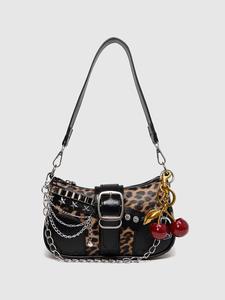 Women's PU Leather Shoulder Bag, Vintage Leopard Print Colorblock Crescent Clutch, Y2K Style Chain Decorated Crossbody Bag