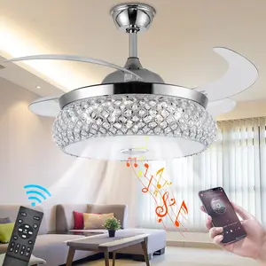 42" Invisible Ceiling Fan Chandelier with Light and Bluetooth Speaker,Modern 3 Color Change Crystal Ceiling Fan Light Remote Control 4 Retractable ABS Blades for Bedroom