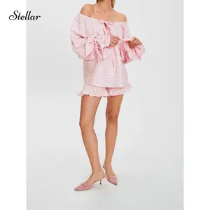 Women Fashion Cotton Plaid Outfit, Long Sleeve Tie Up Crew Neck T-shirt And Elastic Waist Shorts Outfit